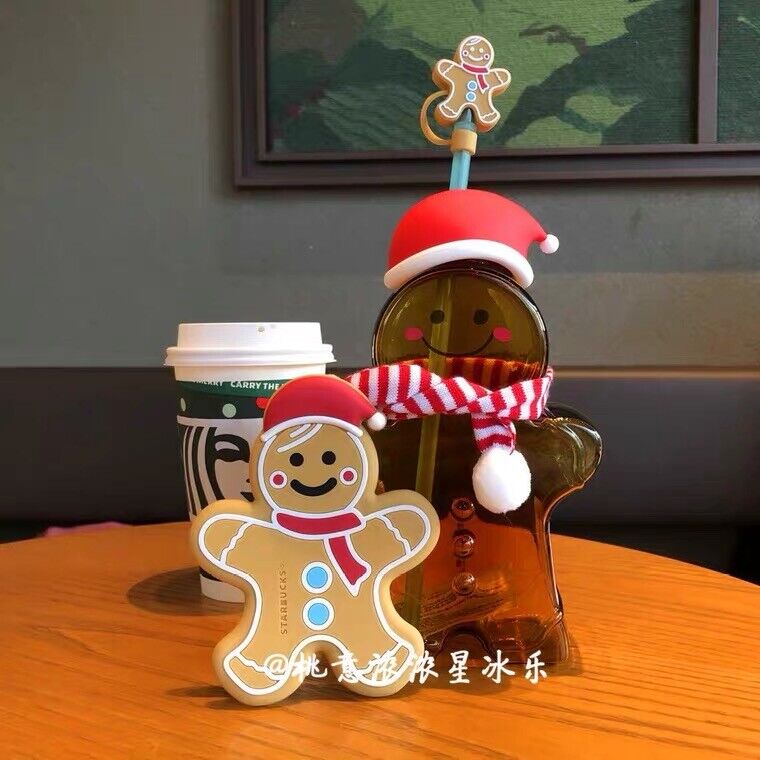 NEW Starbucks Cute The Gingerbread Man Straw Cup + Coaster + Topper Gift Tumbler