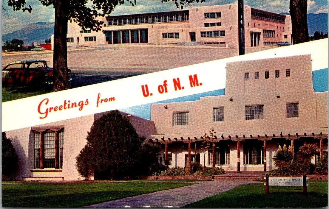Albuquerque Greetings University New Mexico 50s Gym Library Cars Petley Postcard