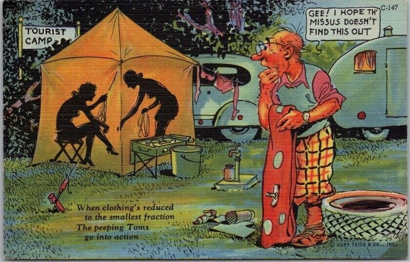 RAY WALTERS Linen Postcard Campground / Risque Silhouette SHADOW COMICS C-147