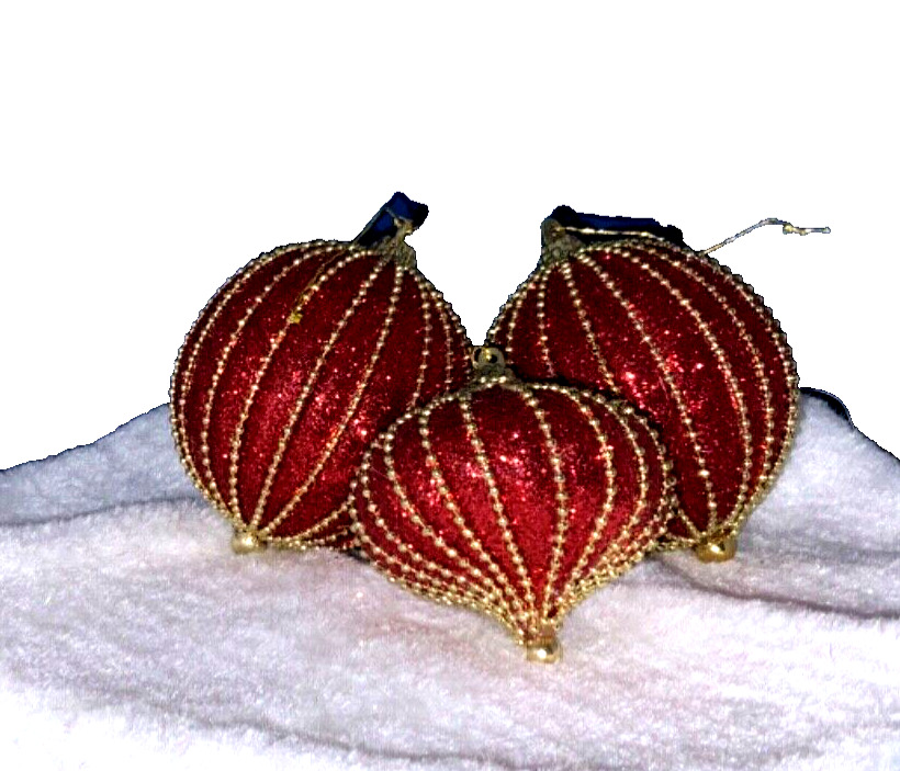 Large Red and Gold Christmas Ornament Balls Glitter Textured Gold Beads