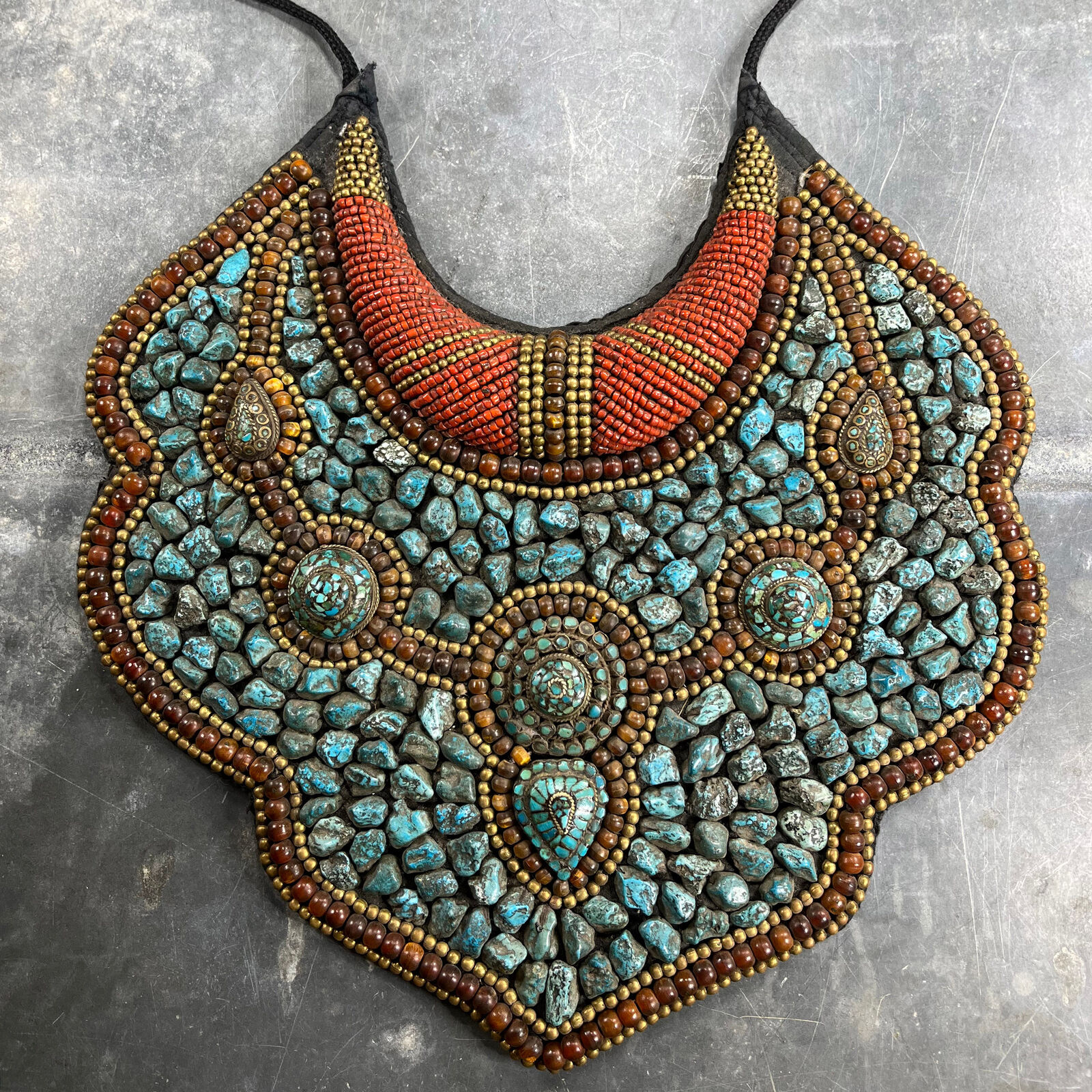Necklace Pectoral Bib IN Turquoise And Coral, Tibet Early 20th