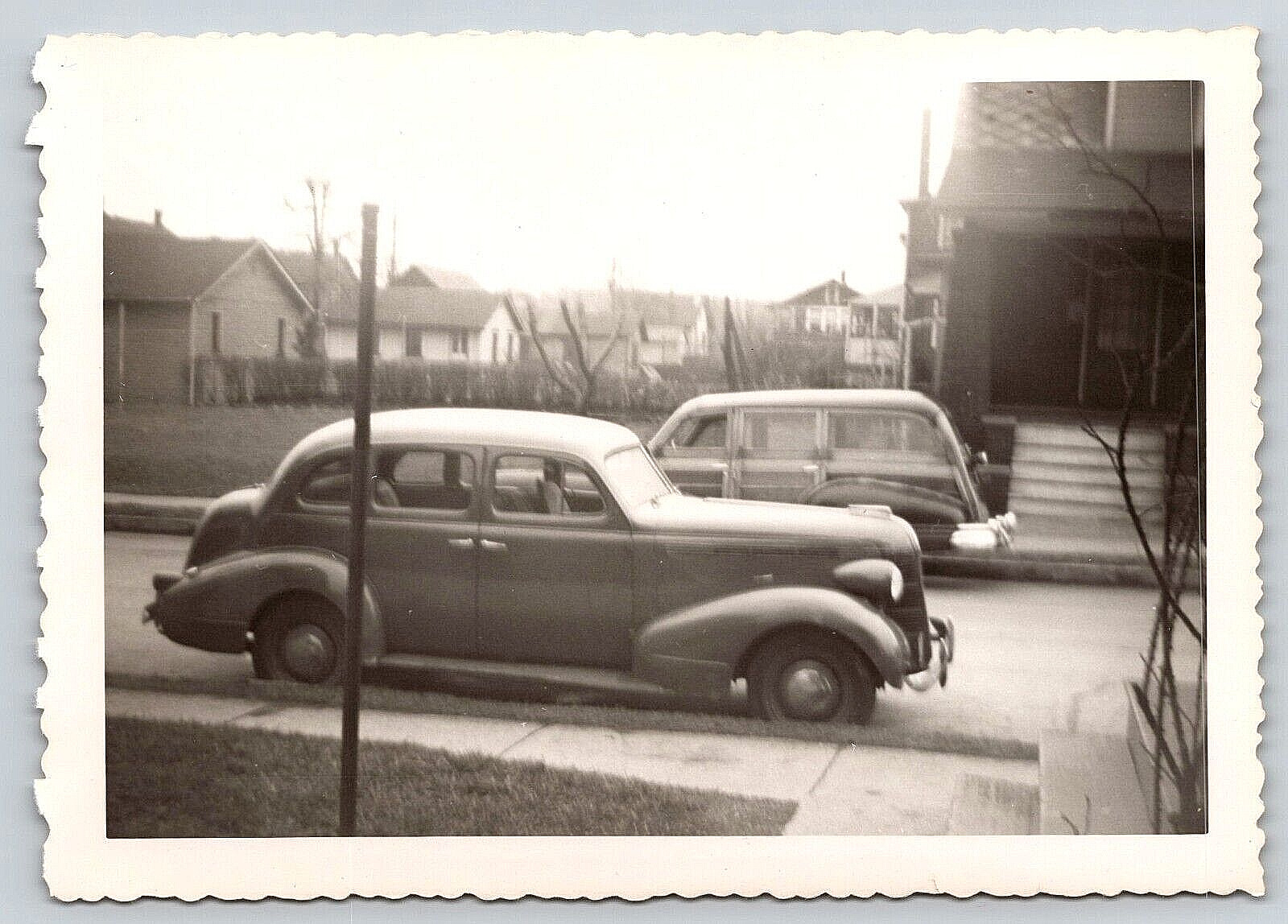 Old Original Vintage Antique Street Photo Picture Image Pontiac Car Houses B&W