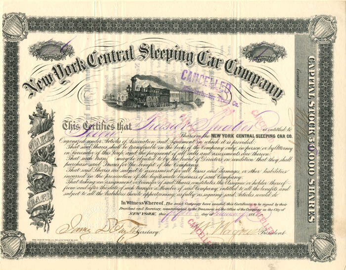 New York Central Sleeping Car Co. signed by W. Wagner - Stock Certificate - Auto