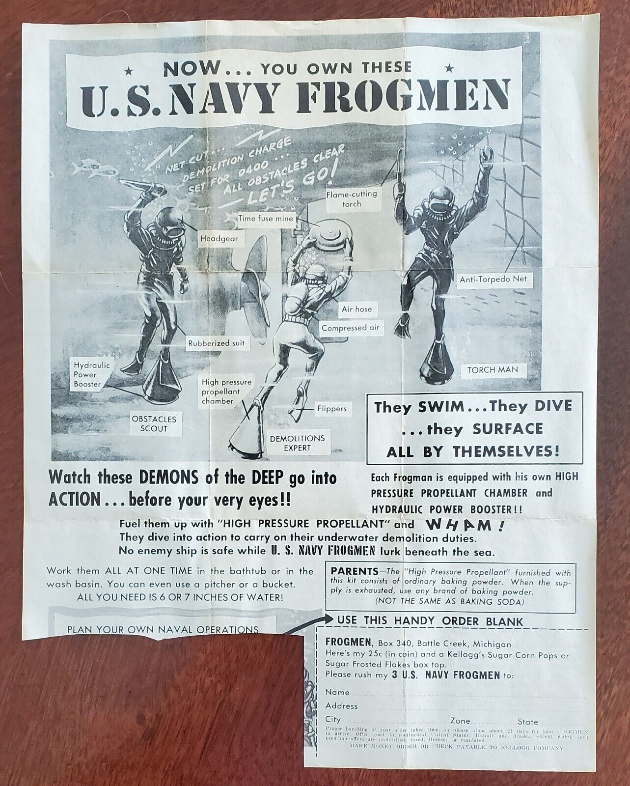 FREE SHIPPING- Kellogg\'s 1950s Cereal Print Ad For 3 U.S. Navy Frogmen
