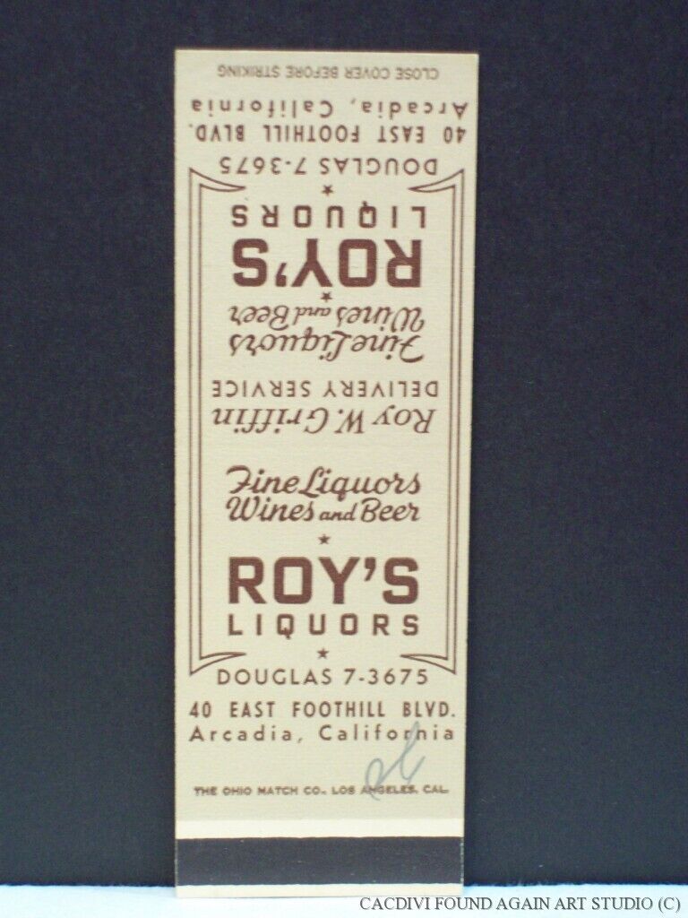 Matchbook Cover Roy\'s Liquors Arcadia California Wine & Beer Store CA 1949 Vtg