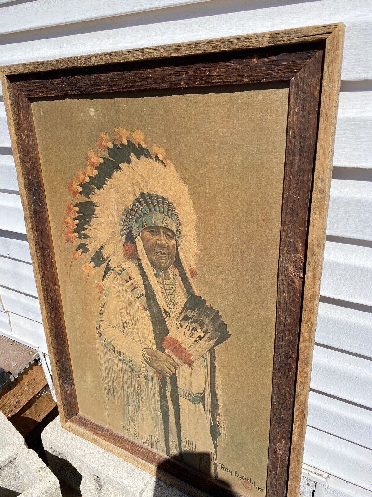 Chief Clarence Burke 1- 1971 Ray Eyerly Large Print/ Old Natural Barn Wood Frame