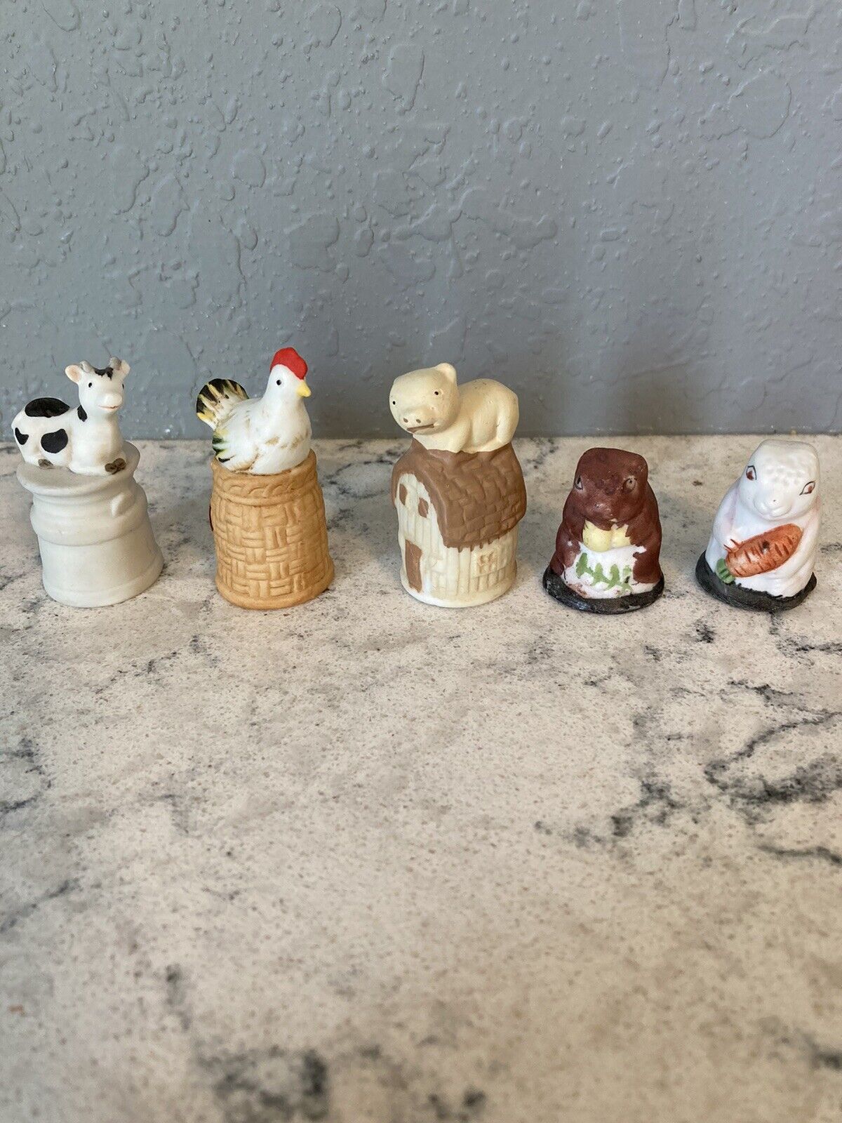 Lot of Five Assorted Vintage Animal Thimbles, Cow, Rooster, Pig, Gopher, Rabbit