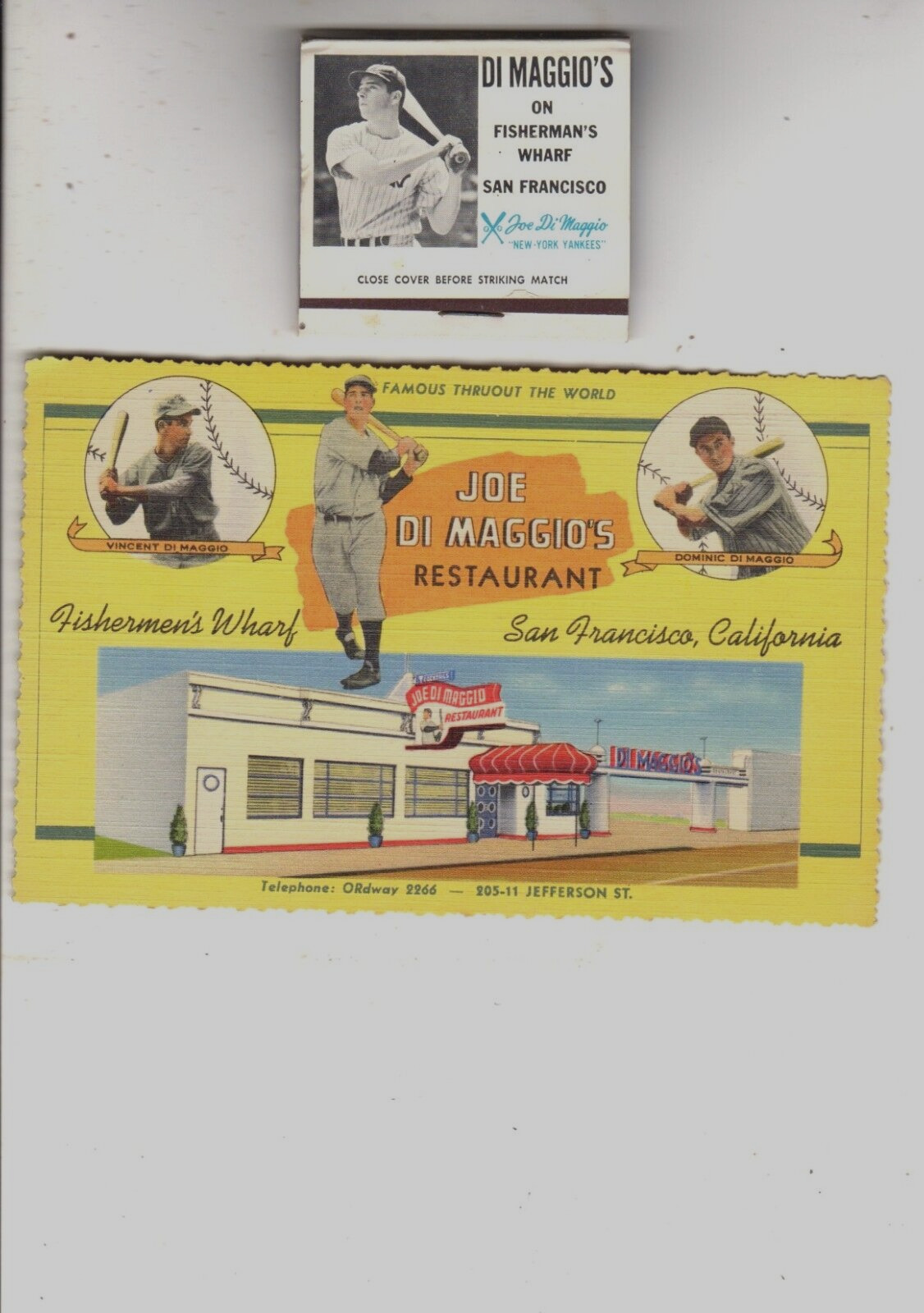 Advertising Postcard and Matchbook - Joe Di Maggio\'s Restaurant San Francisco CA