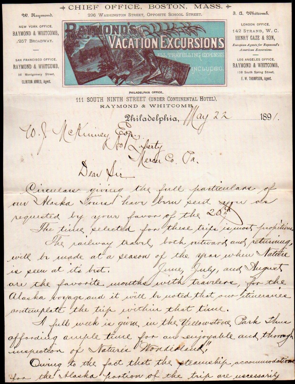 1886 Philadelphia - Raymonds Vacation Excursions - Henry Gaze & Son Letter Head
