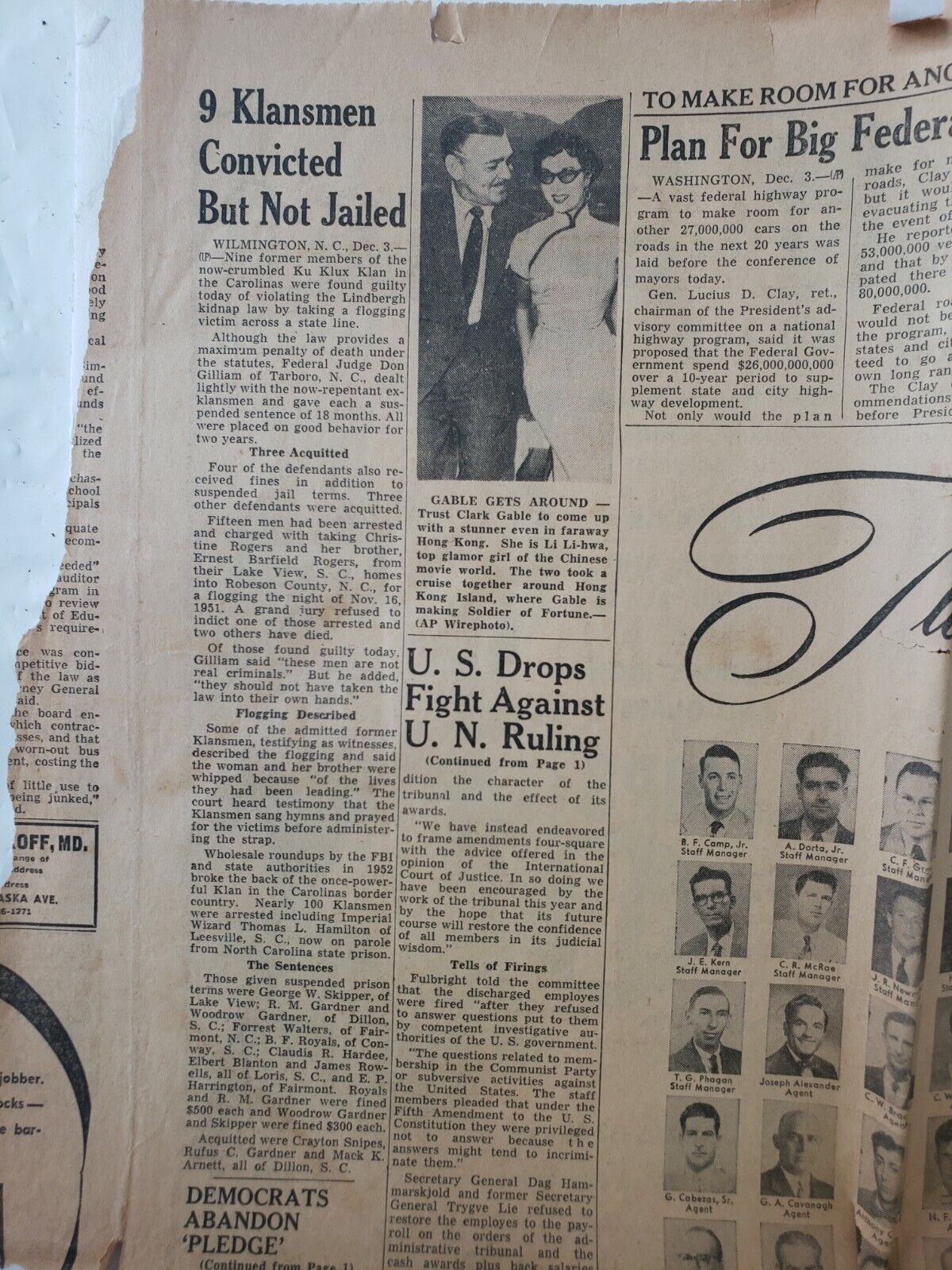 Vintage Tampa  Tribune Dec. 1954  Clark Gable, Democrats Abandon Pledge. Etc.