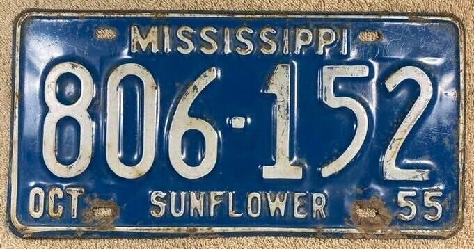1955 Mississippi License Plate Sunflower County 806-152 Indianola Vintage YOM