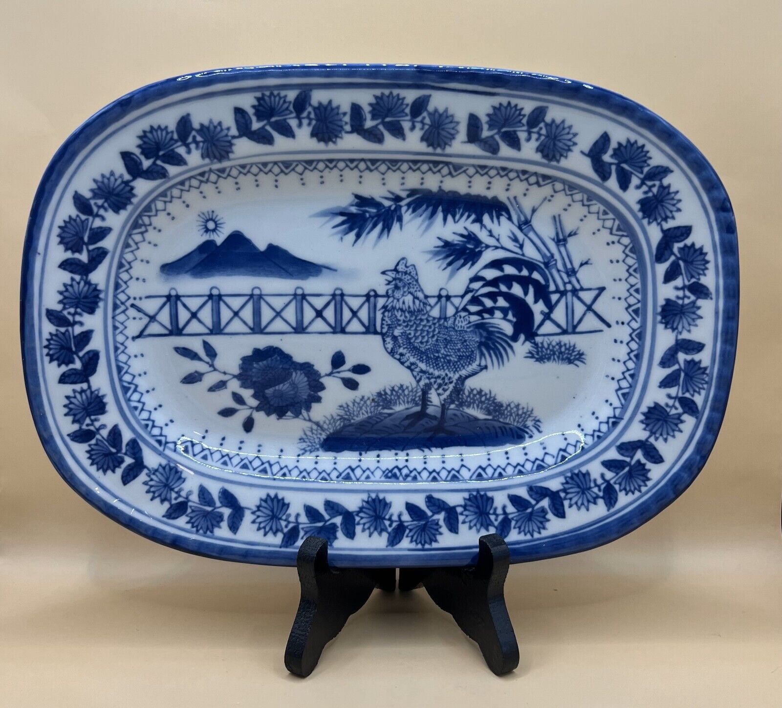 Vintage Chinese Cobalt Blue & White Porcelain Small Platter Rooster