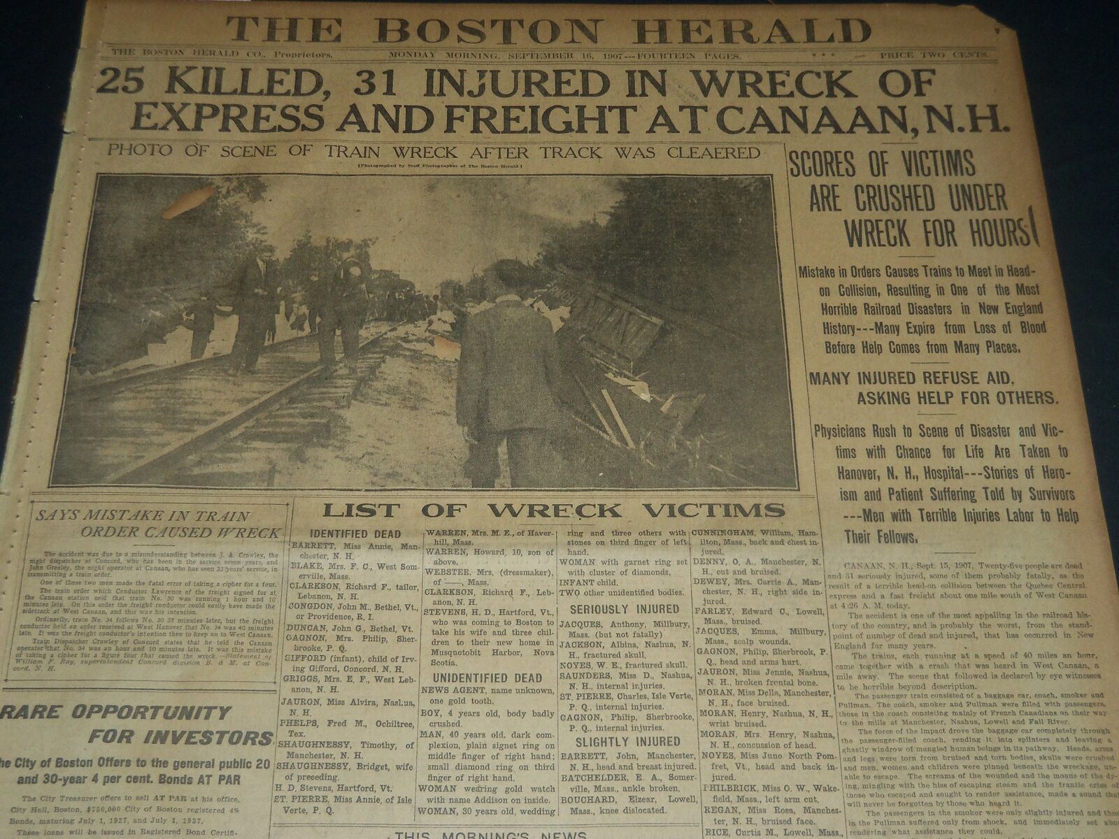 1907 SEPT 16 THE BOSTON HERALD - 25 KILLED IN TRAIN WRECK AT CANAAN - BH 239