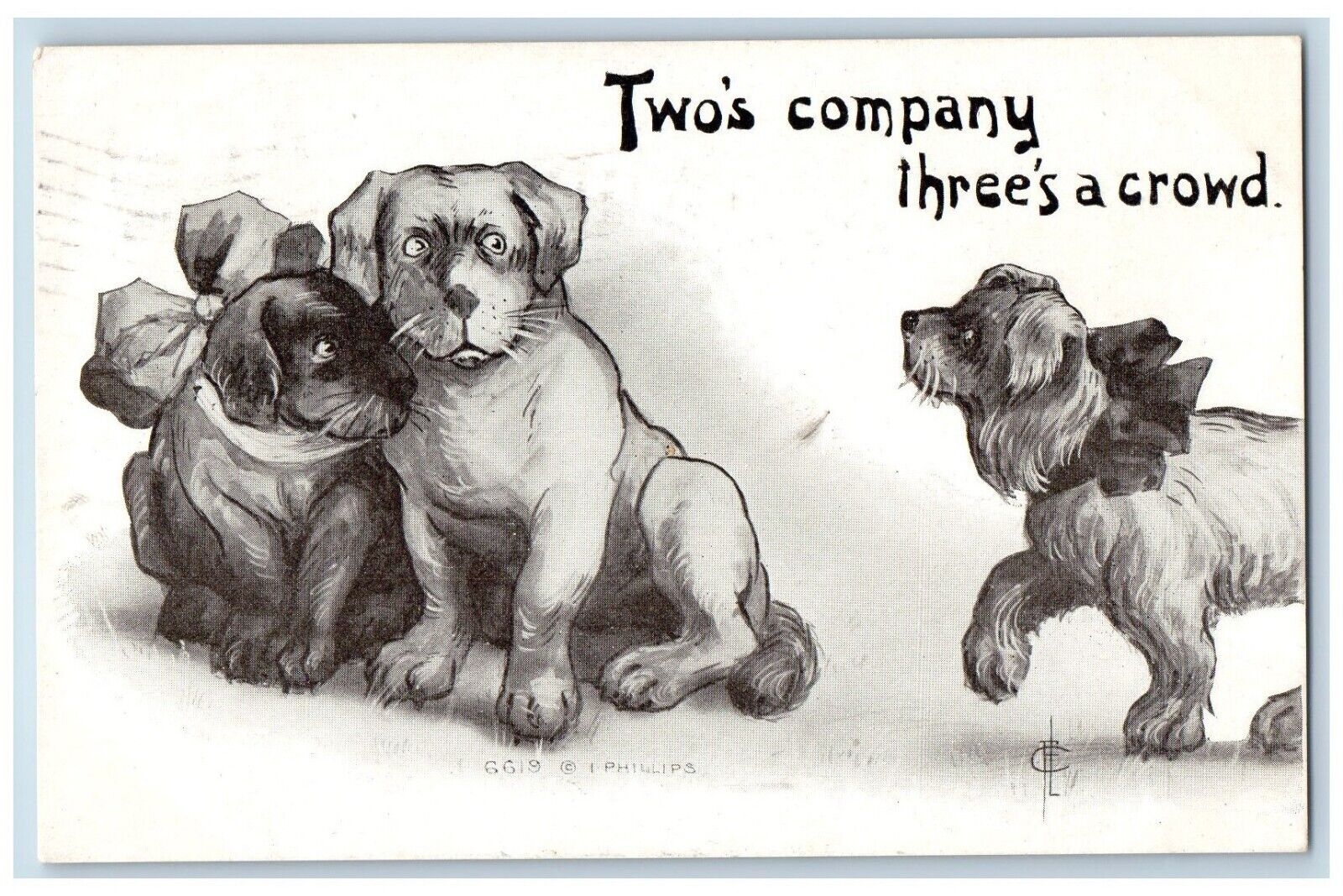 Artist Signed Postcard Comic Humor Dogs Two\'s Company Three\'s A Crowd 1911