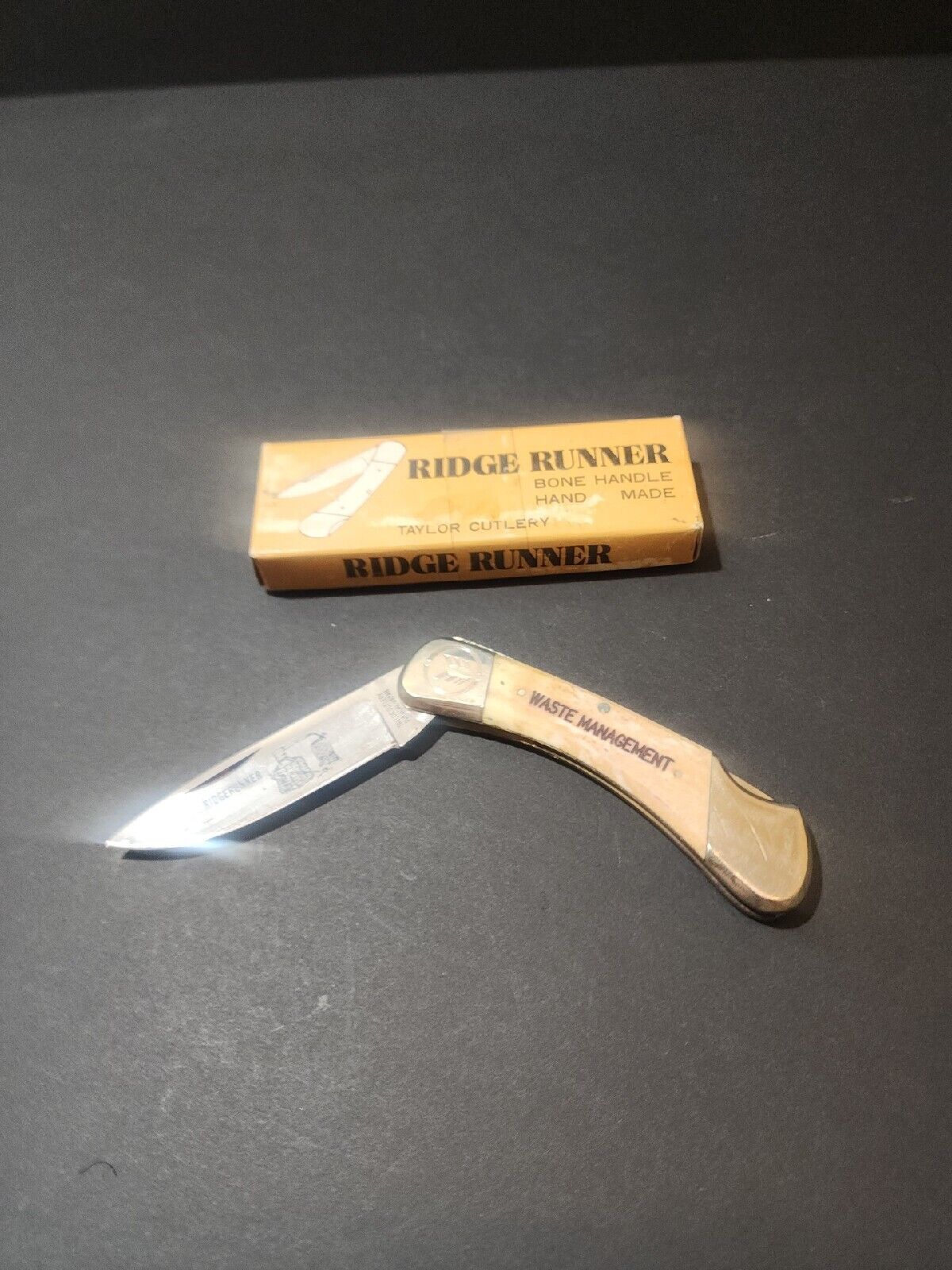 Vintage Taylor Cutlery Elk Horn Ridge Runner Waste Management Engraved Knife
