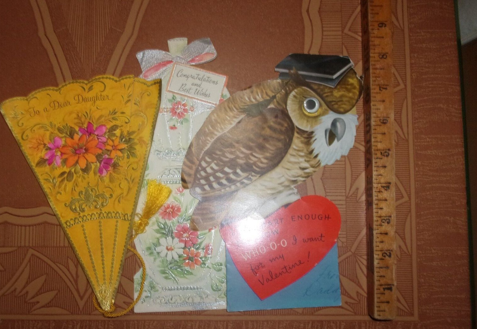 3 Vintage Greeting Cards Scrapbook Crafts Ephemera Fan Owl Lamp 60s 70s Lrg
