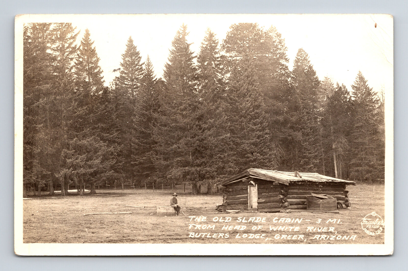 RPPC Man At Old Slade Cabin White River Butler\'s Lodge Greer Arizona AZ Postcard