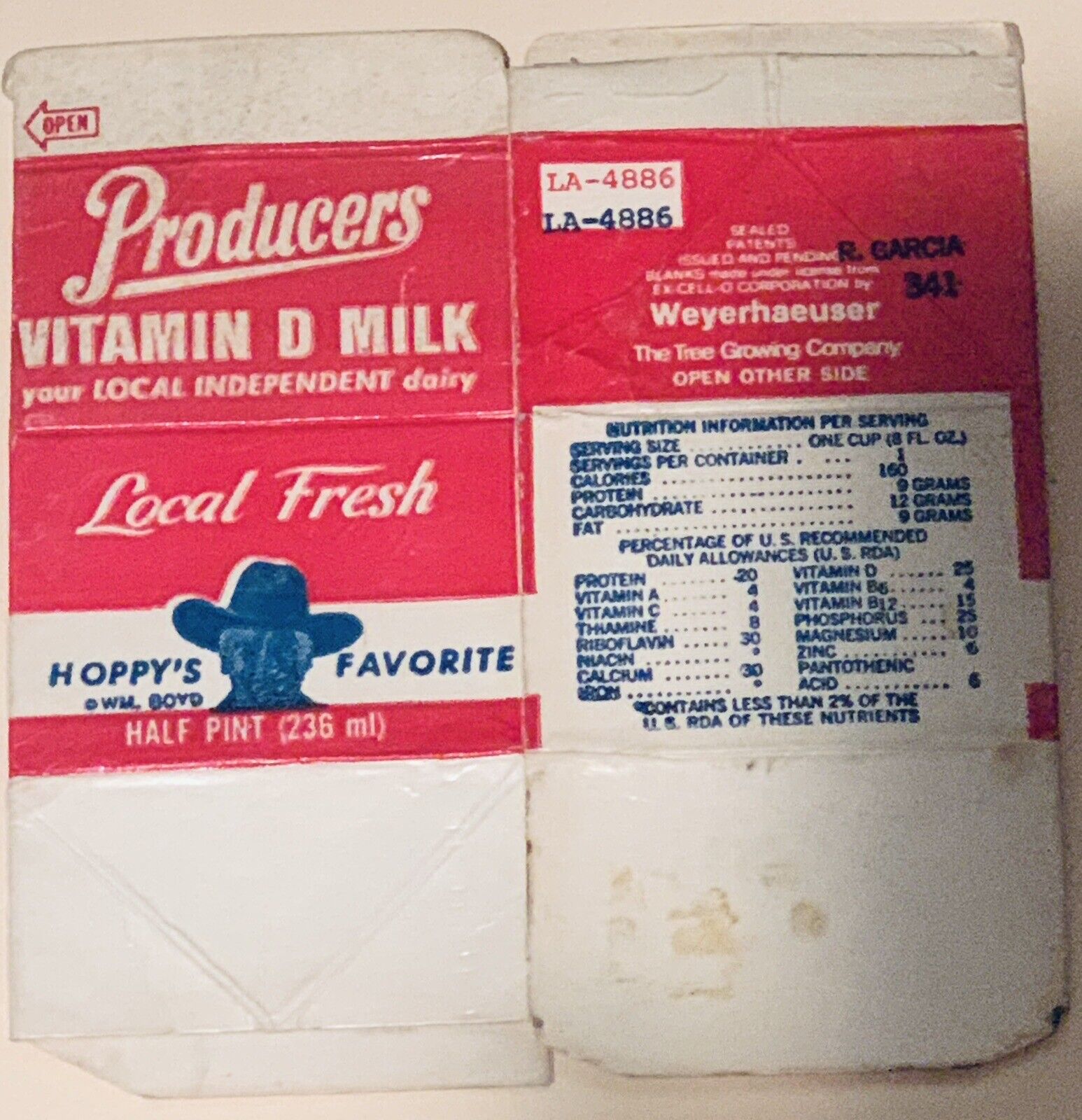 Vintage Hoppy\'s Favorite Producers Pint Vitamin D Milk Carton circa 1960\'s