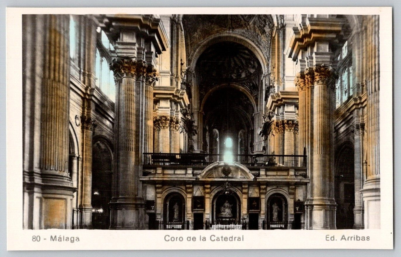 Colored RPPC Postcard~ Cathedral Choir~ Málaga, Spain