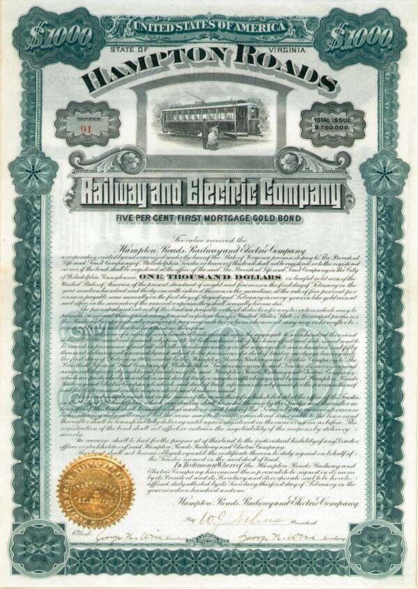 Hampton Roads Railway and Electric Co. - 1901 dated $1,000 Railroad Bond (Uncanc