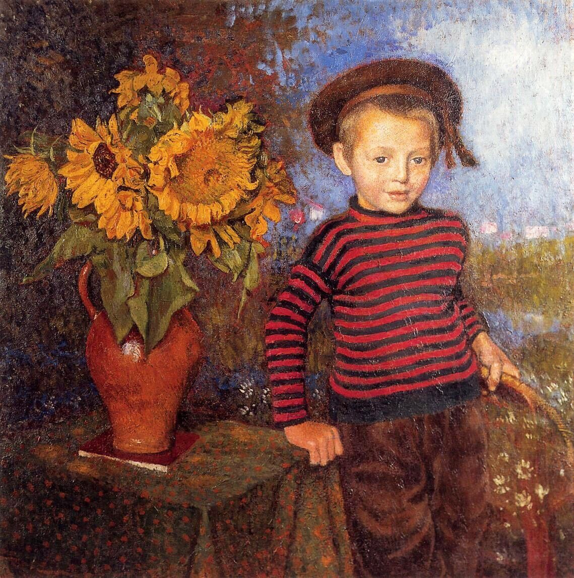 Dream-art Oil painting Little-Pierre-Georges-Lemmen boy sunflowers flowers art