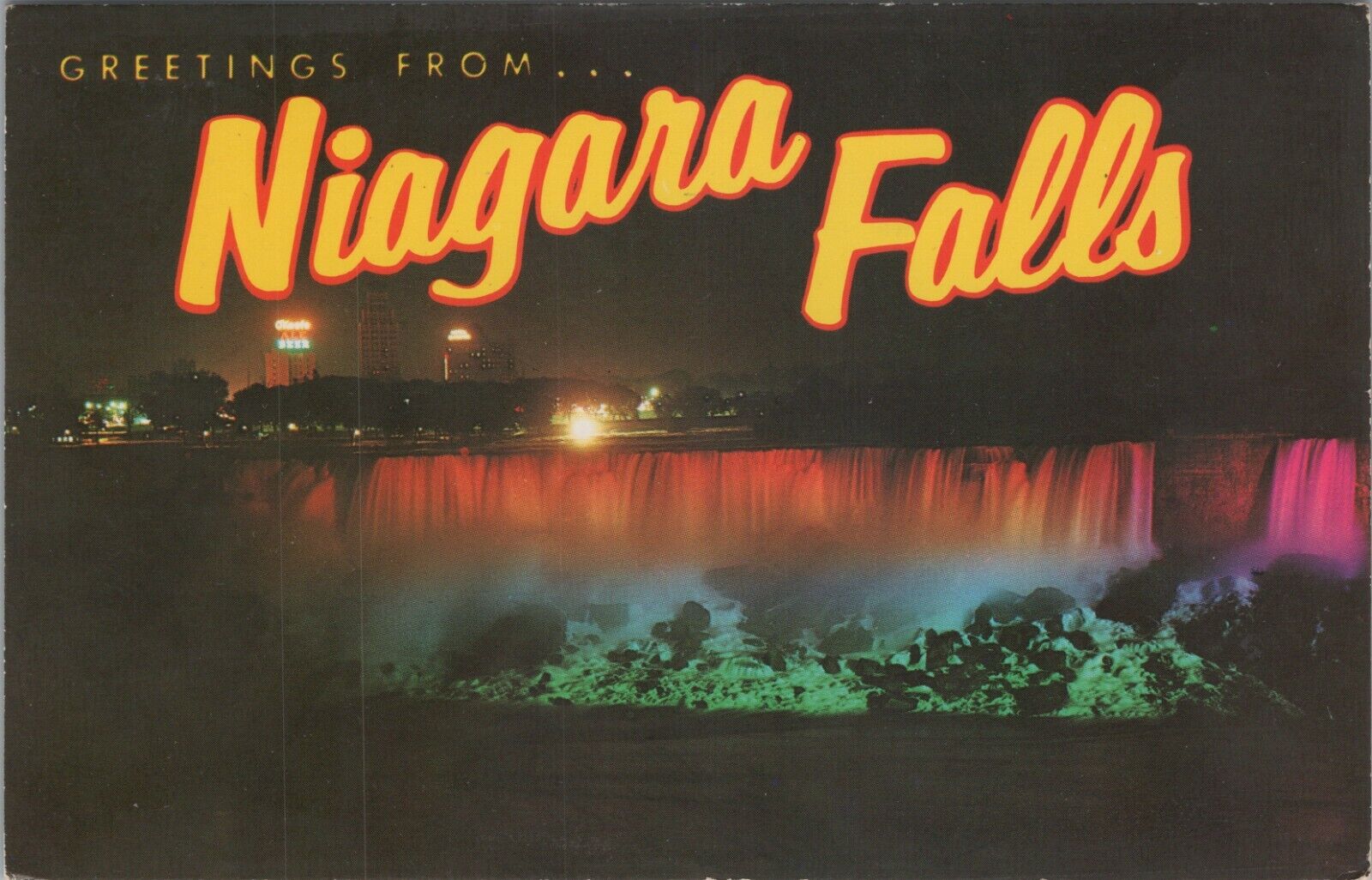 Greetings Niagara Falls Waterfalls Lights NY Posted Chrome Vintage Post Card