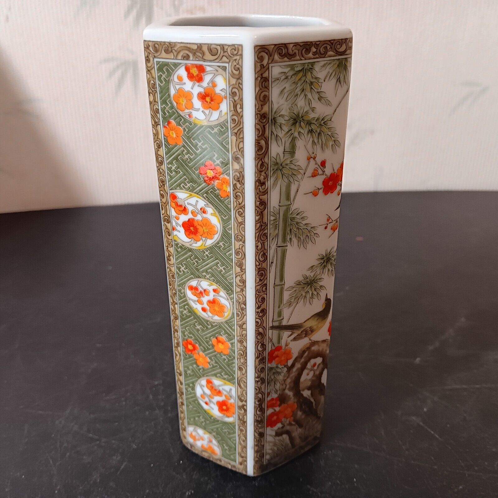 Vintage Japanese Bird/Bamboo/Floral Hexagonal Ceramic Vase (6 1/8\