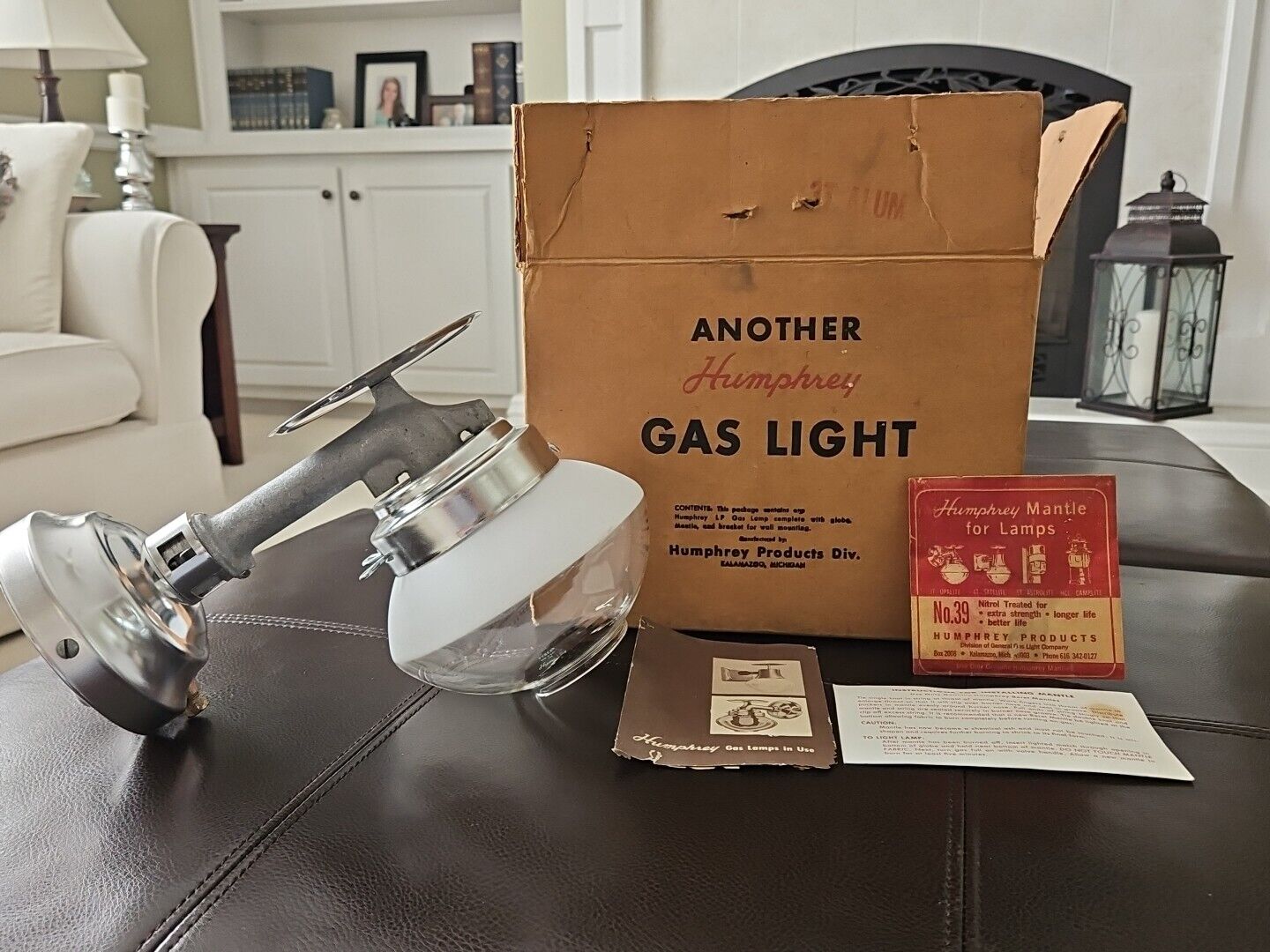 Vintage Humphrey Gas Light 3T ALUM OPALITE in original box w/ inst.  See photos