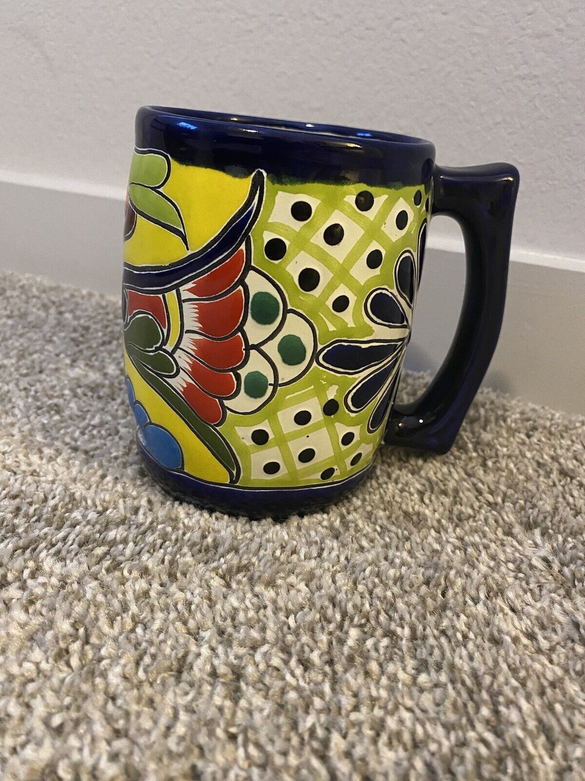 Talavera Coffee Mug Mexican Pottery Signed Vibrant Colors Cobalt Rim