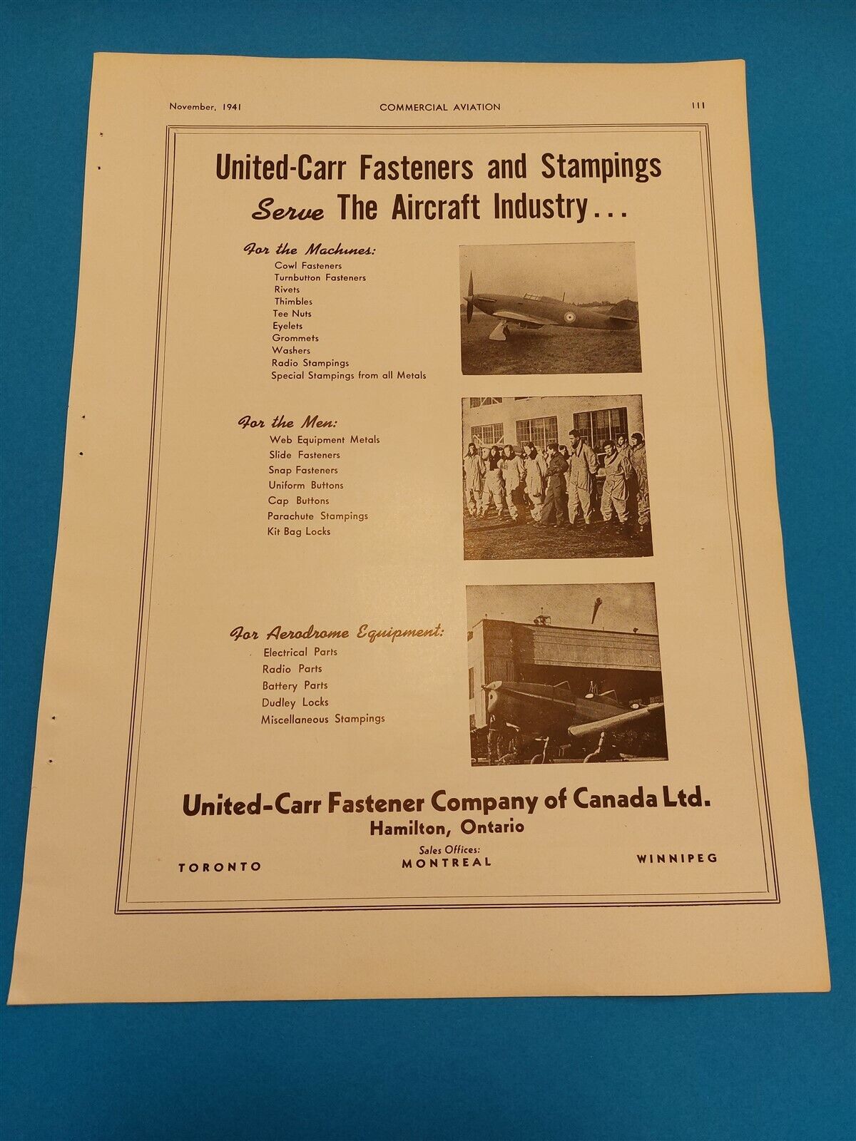 United-Carr Fastener Company Of Canada - Aviation - Original 1941 Print Ad 