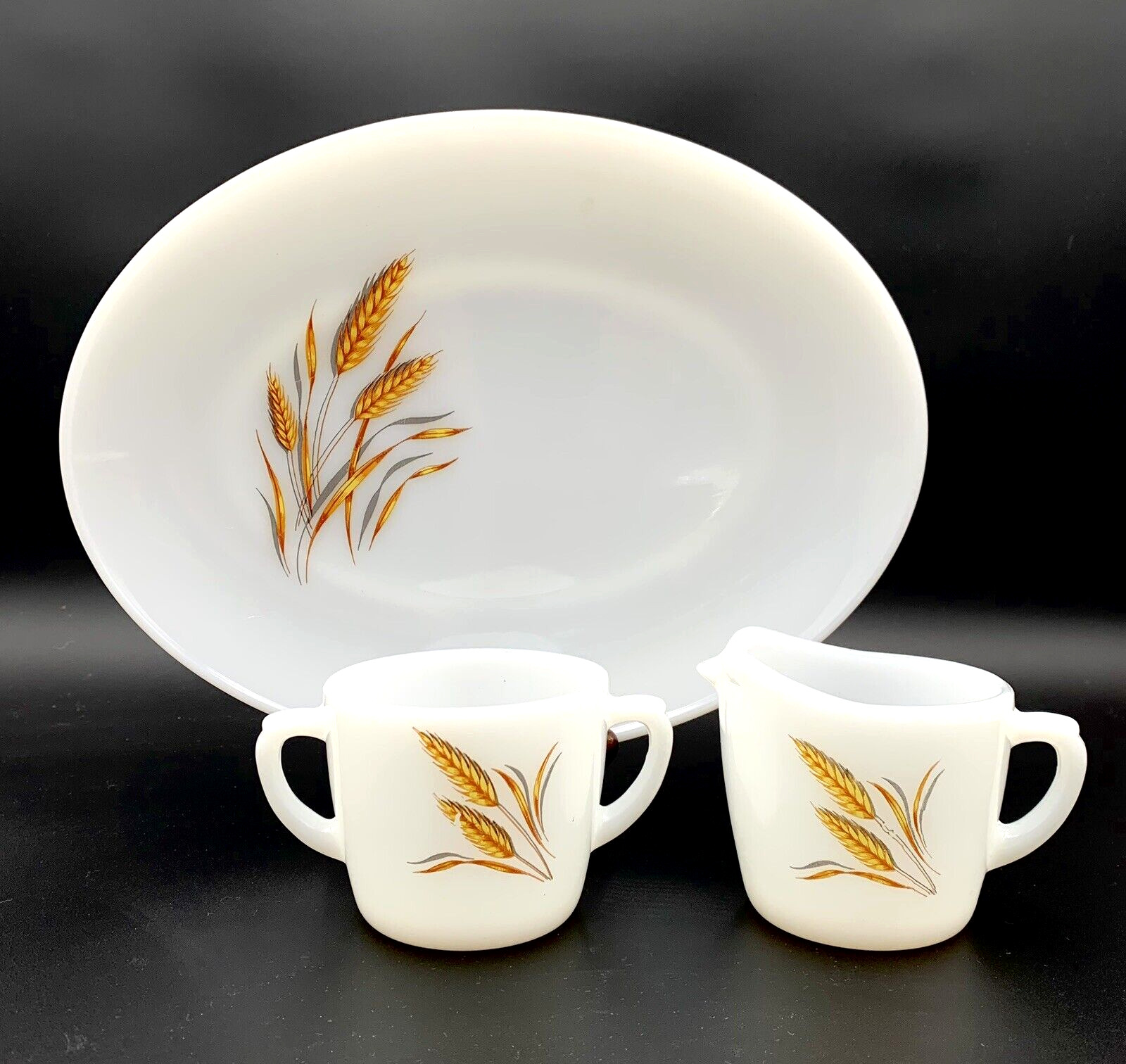 Vintage 1960s MCM Classic Fire King Golden Wheat Creamer, Sugar, and Platter Set