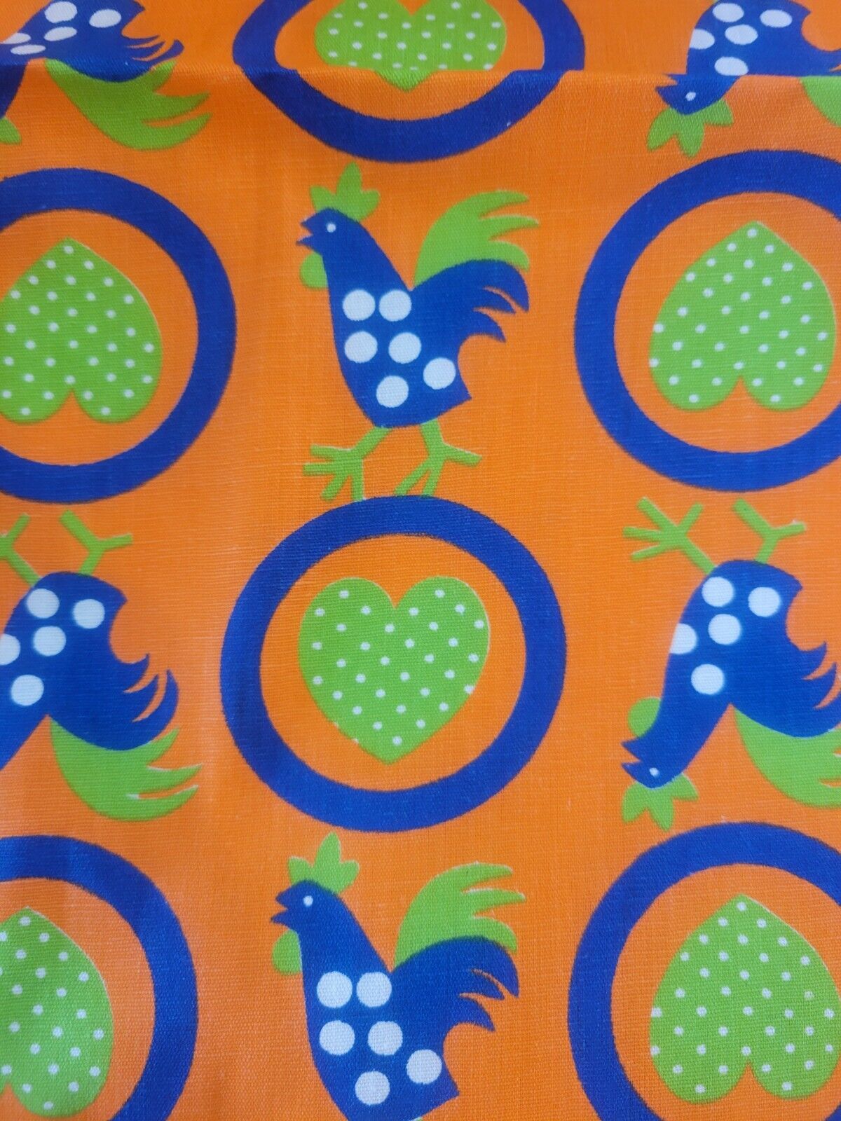 Vintage Fabric Unused Chicken Heart Print 1960s 1970s MOD Orange Blue Green