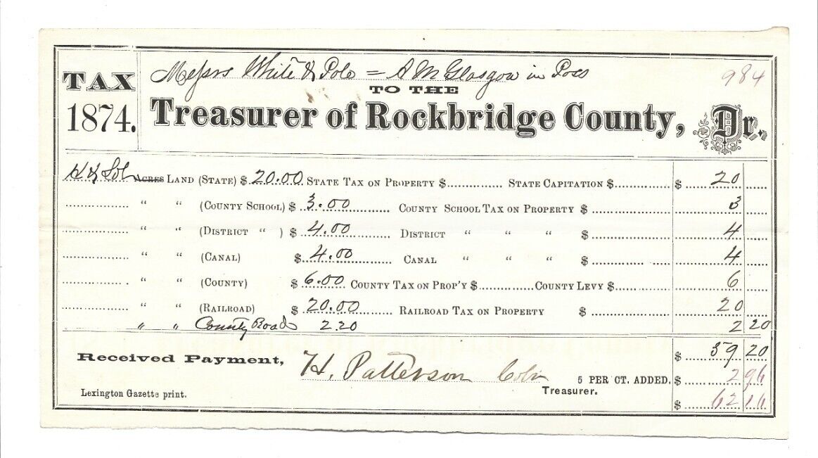 Vintage 1874 Document Tax Receipt Treasurer of Rockbridge County Virginia Signed