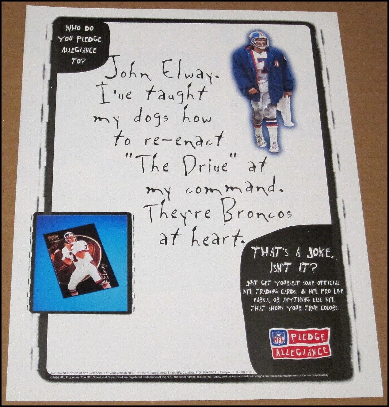 1996 John Elway NFL Pledge Allegiance Print Ad Advertisement Denver Broncos