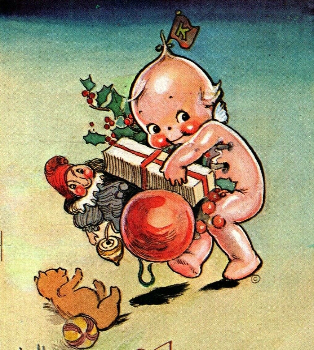 Vintage Kewpie Christmas Wish Postcard Kewpie Carrying Toys