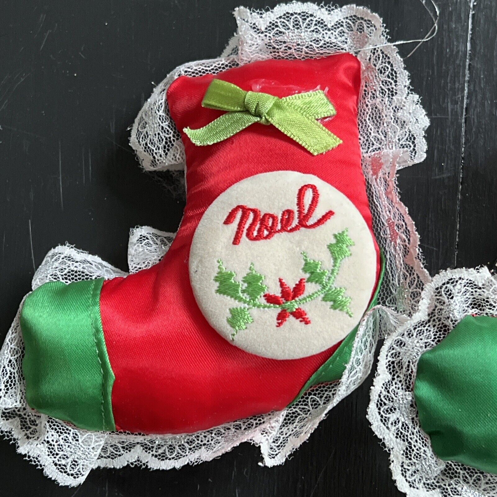 3 VINTAGE GIFTCO 4” SATIN EMBROIDERED NOEL PILLOW ORNAMENTS