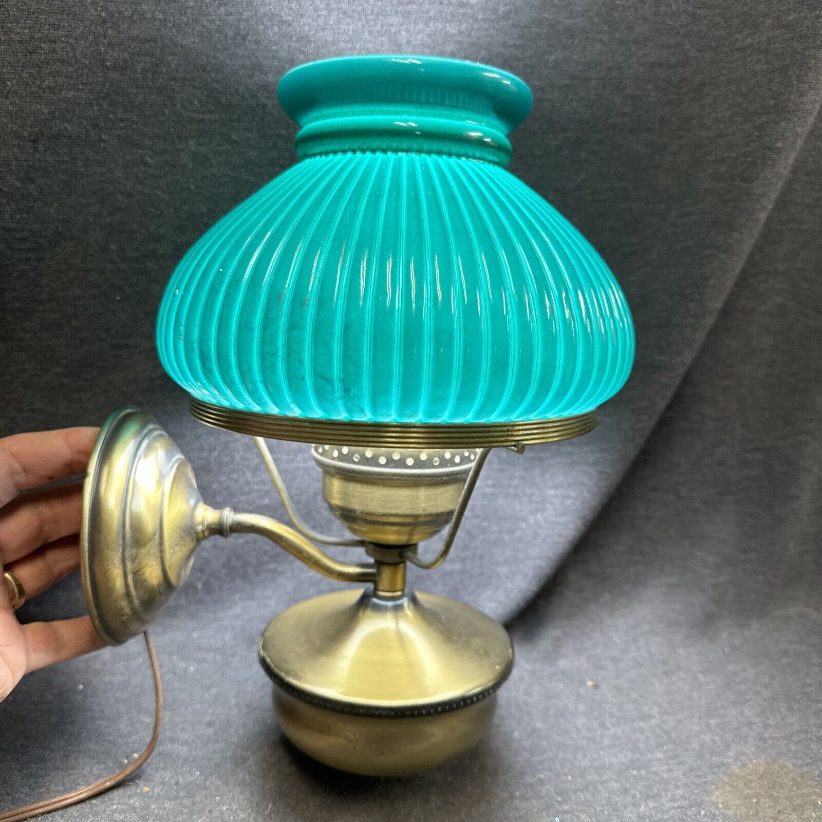 Vintage Wall Sconce Lamp Green Glass Ribbed Shade Brass Color