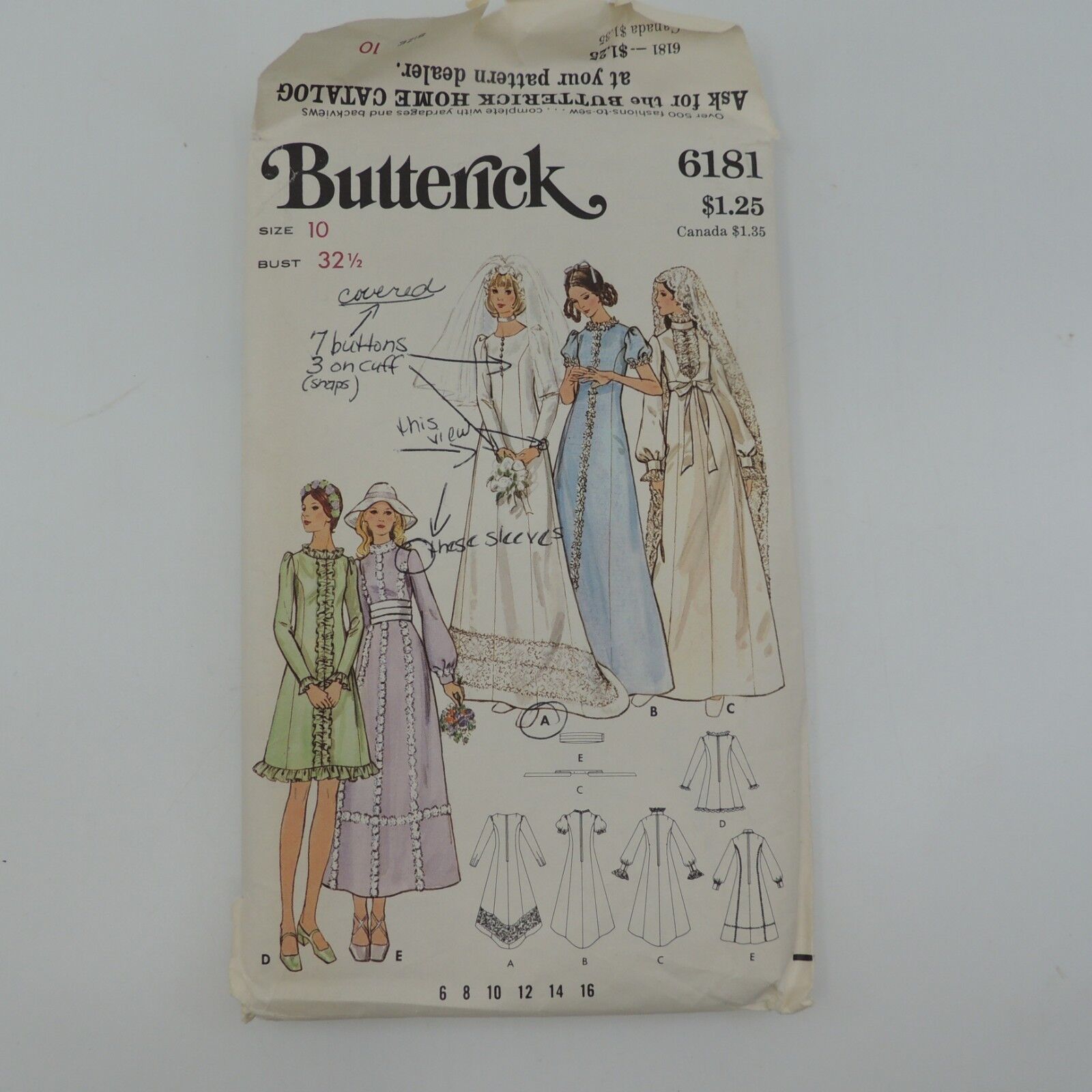 1970s Butterick Pattern 5 Dress Styles Wedding Long Short  Sz 10 Bust 32.5 #6181