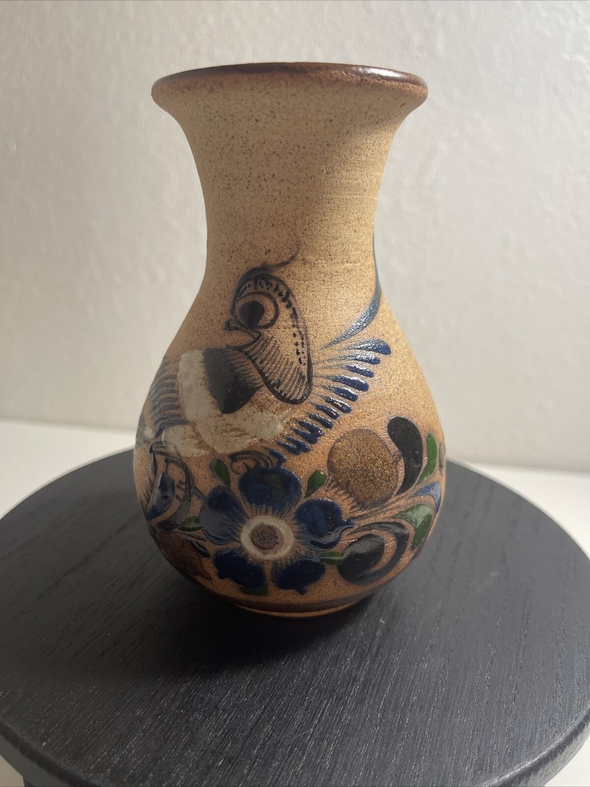 Vintage Pottery Vase Bird & Flower Sandstone Glazed Mexican  5.5\