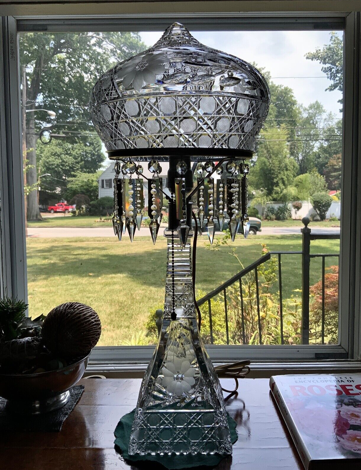 American Brilliant Cut Glass Floral & Harvard Electrolier Lamp c. 1910-1918