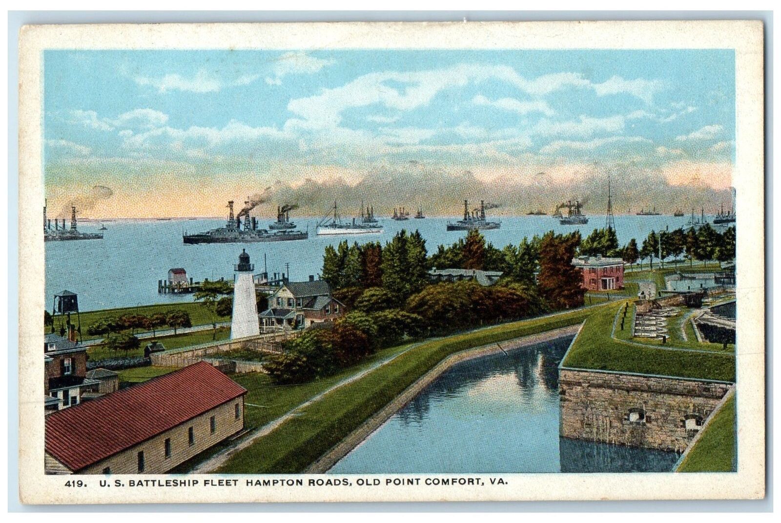 c1920\'s US Battleship Fleet Hampton Roads Old Point Comfort Virginia VA Postcard