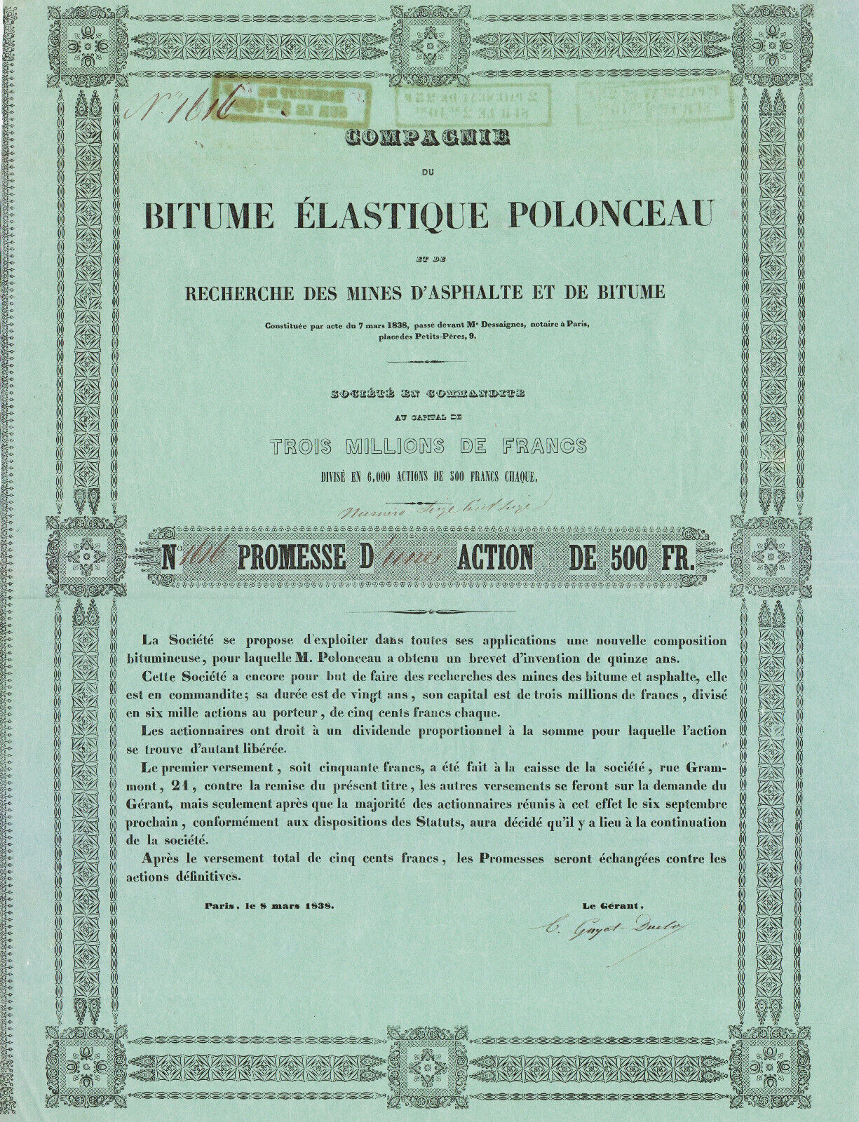 COMPAGNIE DU BITUME ELASTIQUE POLONCEAU - ACTION OF 500 FRANCS 1838 - FRANCE