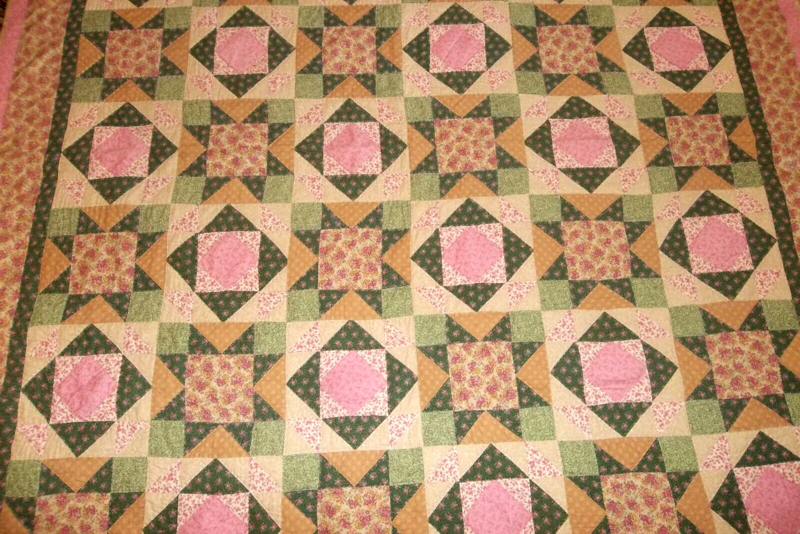 Handmade Star Queen Quilt Antique Style Reproduction Fabric Hand Quilted Vintage