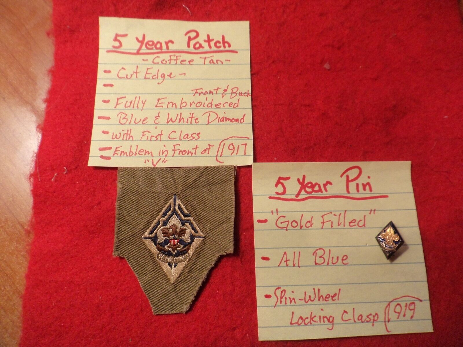 *****SUPER-DUPER RARE OLD 1917  5 YEAR PATCH & 1919  5 YEAR VETERAN PIN (FILLED)