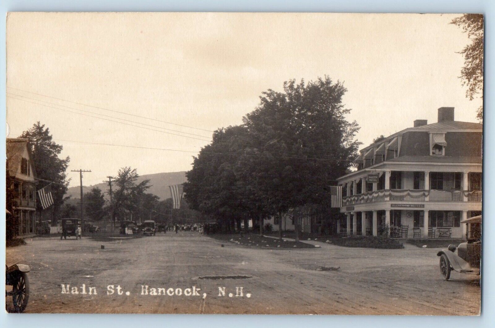 Hancock NH Postcard RPPC Photo Main Street Hotel Dirt Road Cars c1910's Antique