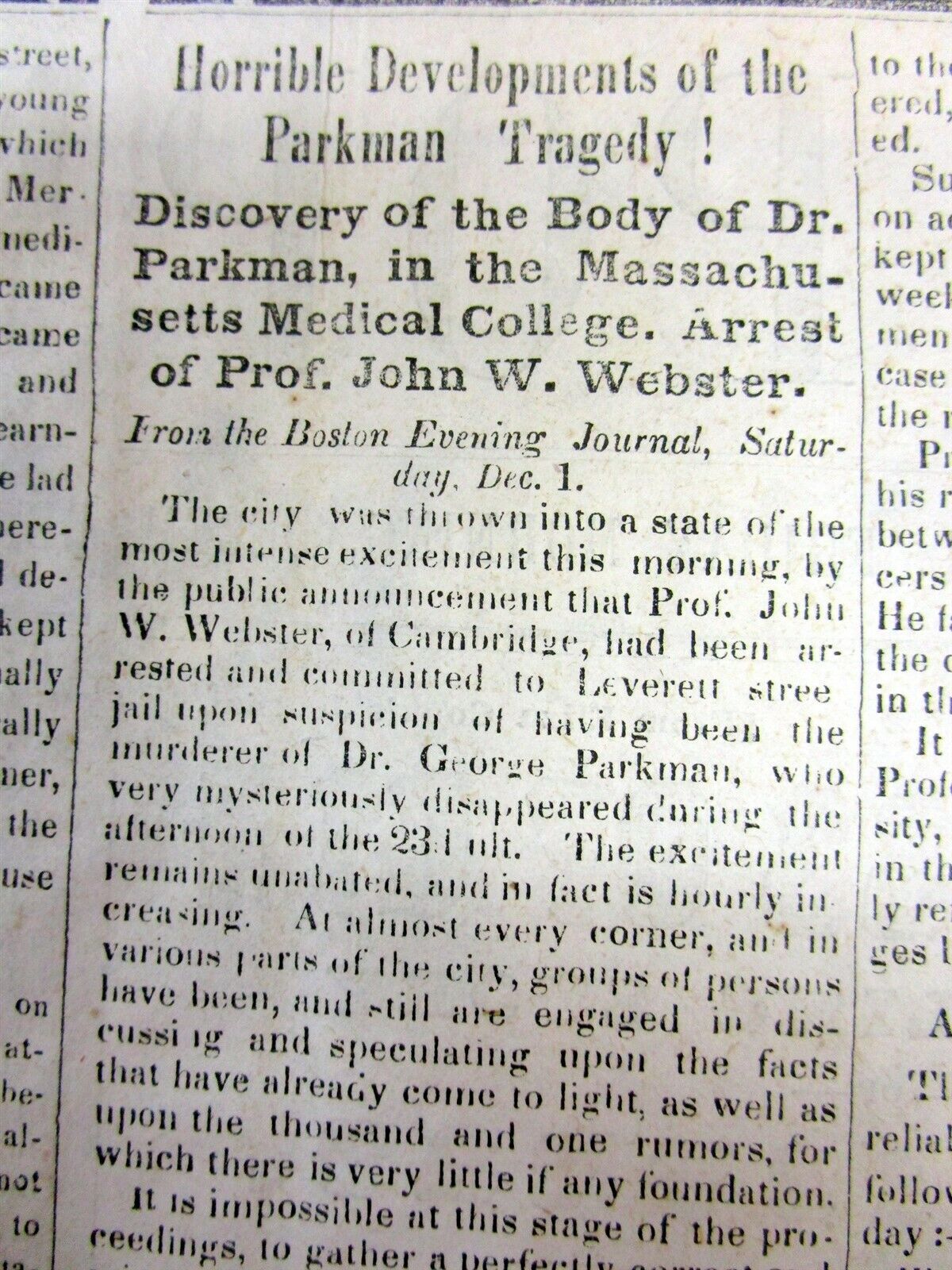 1849 newspaper PARKMAN - WEBSTER MURDER CASE -19th C. TRIAL OF THE CENTURY 