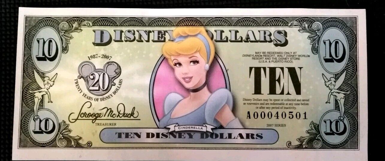 2007 Series T $10.00 20th Anniversary CINDERELLA Disney Dollar NEW #1
