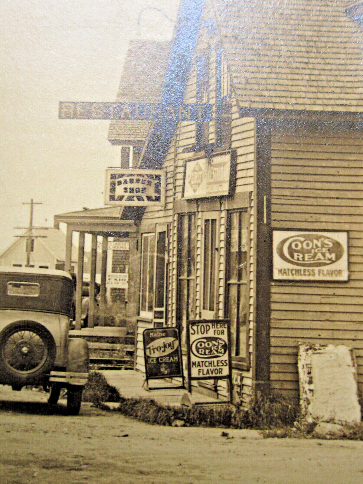vTg 1928 Main St Coon\'s Ice Cream x2 & Fro Joy Advertising Signs RPPC PostCard 