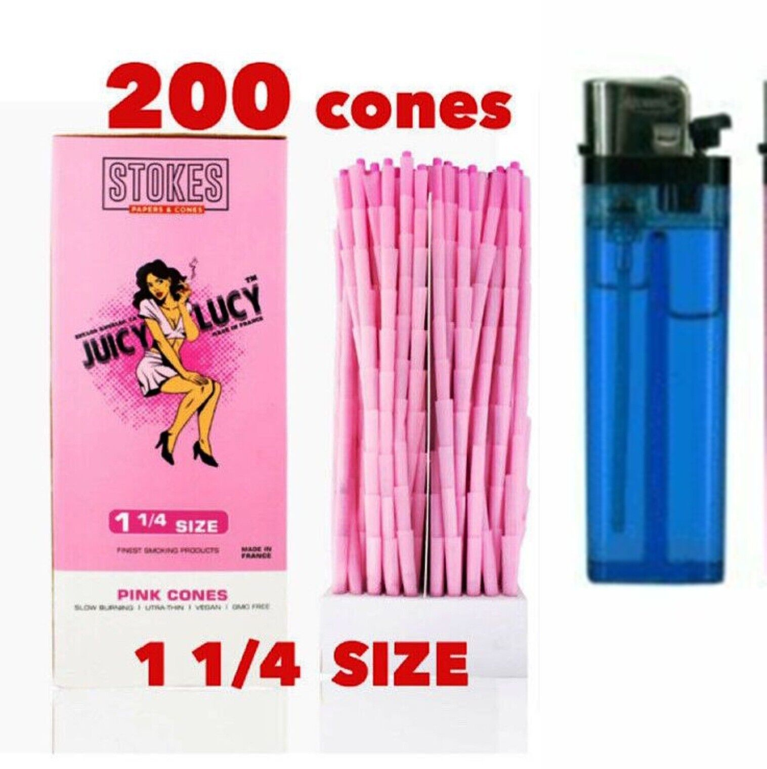 200x Juicy Lucy Pink Cone 200 ct  1 1/4 Size pre rolled Cones FREE LIGHTER