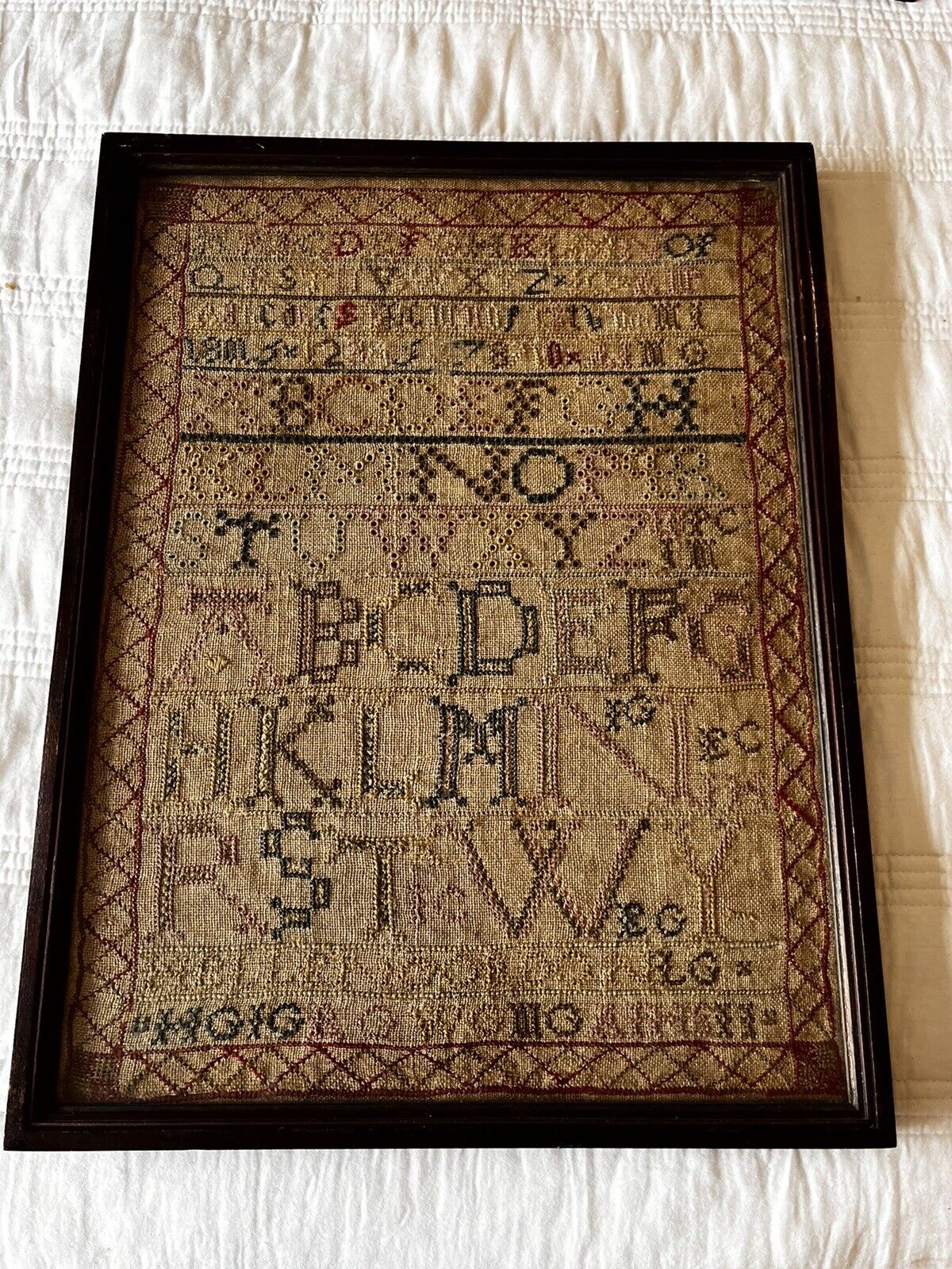 Antique Early Sampler Embroidered on Linen Alphabet Framed